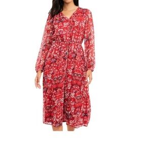 LOFT Red Floral Clip V-Neck Long Sleeve Midi Dress, Size Large